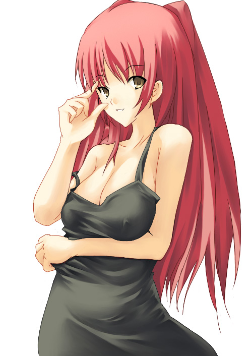 nakamura kusata, kousaka tamaki, to heart (series), to heart 2, 00s, 1girl, black dress, breasts, brown eyes, cleavage, dress, female focus, long hair, medium breasts, ponytail, red hair, solo