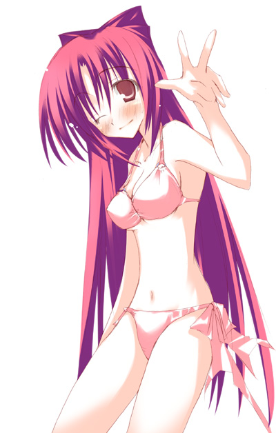ogiwara sou, kousaka tamaki, to heart (series), to heart 2, 00s, 1girl, bikini, blush, female focus, long hair, one eye closed, pink bikini, pink hair, solo, swimsuit, very long hair, wink