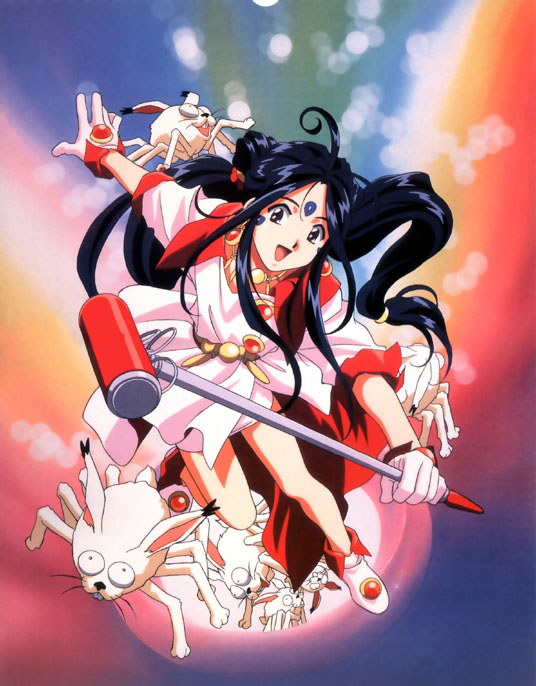 skuld (aa megami-sama), aa megami-sama, 1990s (style), 1girl, bug, facial mark, female focus, forehead mark, hammer, long hair, long legs, retro artstyle, solo