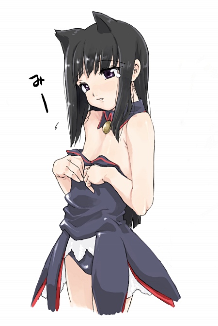 ennui, furude rika, higurashi no naku koro ni, 00s, 1girl, angel mort, animal ears, black hair, cat ears, detached collar, female focus, long hair, solo, tears