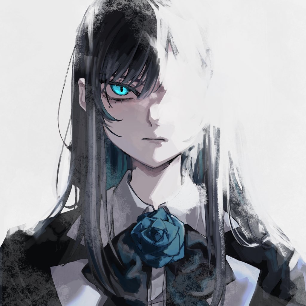 orihara (ewkkyorhr), chando (ado), ado (utaite), commentary request, 1girl, black bow, black bowtie, black hair, blending, blue eyes, bow, bowtie, long hair, mole, mole under eye, shirt, simple background, solo, upper body, utaite, white background, white shirt