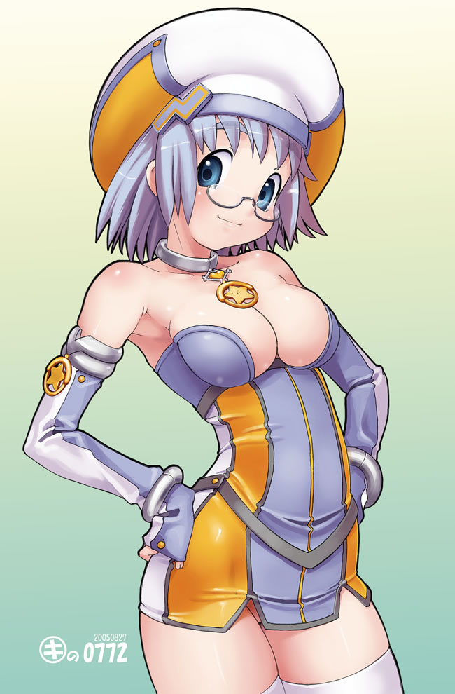 kei jiei, cuoretti, original, 1girl, beret, blue eyes, blue hair, breasts, collar, dated, dress, female focus, glasses, gradient background, hat, matching hair/eyes, microdress, no panties, solo, star (symbol), thighhighs, white thighhighs