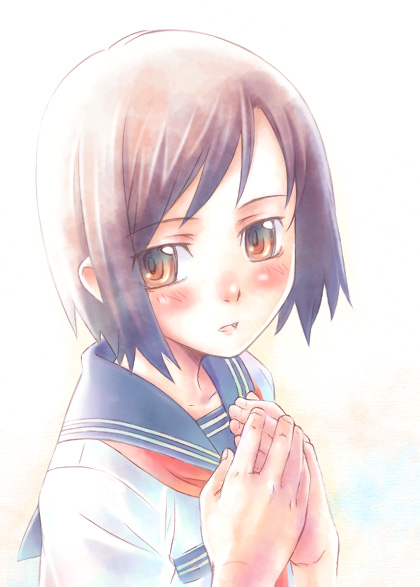 nyaou, 1girl, blush, female focus, own hands clasped, own hands together, school uniform, serafuku, short hair, solo
