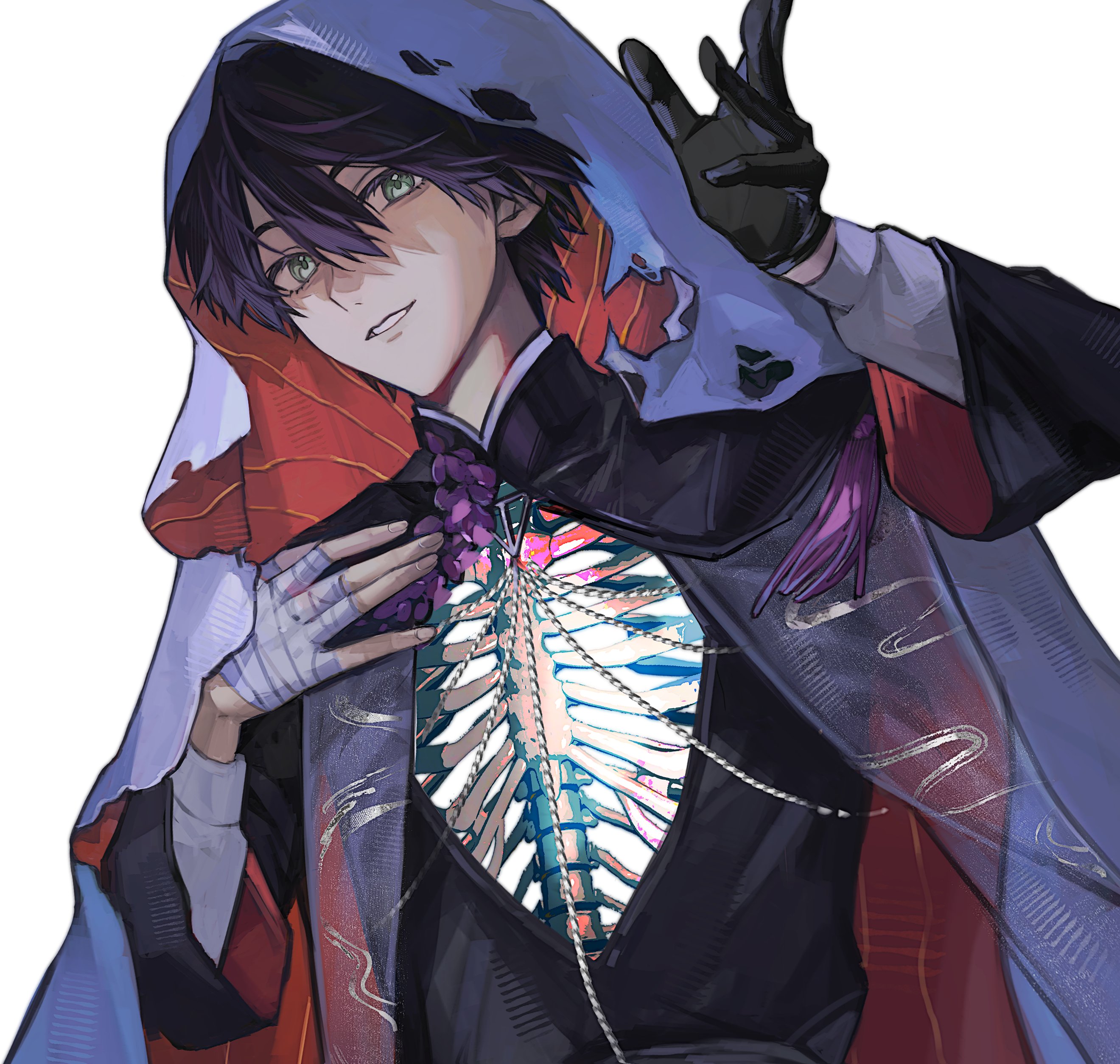 tsuta1218, kenmochi touya, nijisanji, absurdres, commentary, highres, symbol-only commentary, 1boy, bandaged hand, bandages, black gloves, gloves, green eyes, hair between eyes, hand on own chest, male focus, parted lips, purple hair, ribs, see-through body, short hair, simple background, single glove, solo, two-sided veil, upper body, veil, white background, white veil