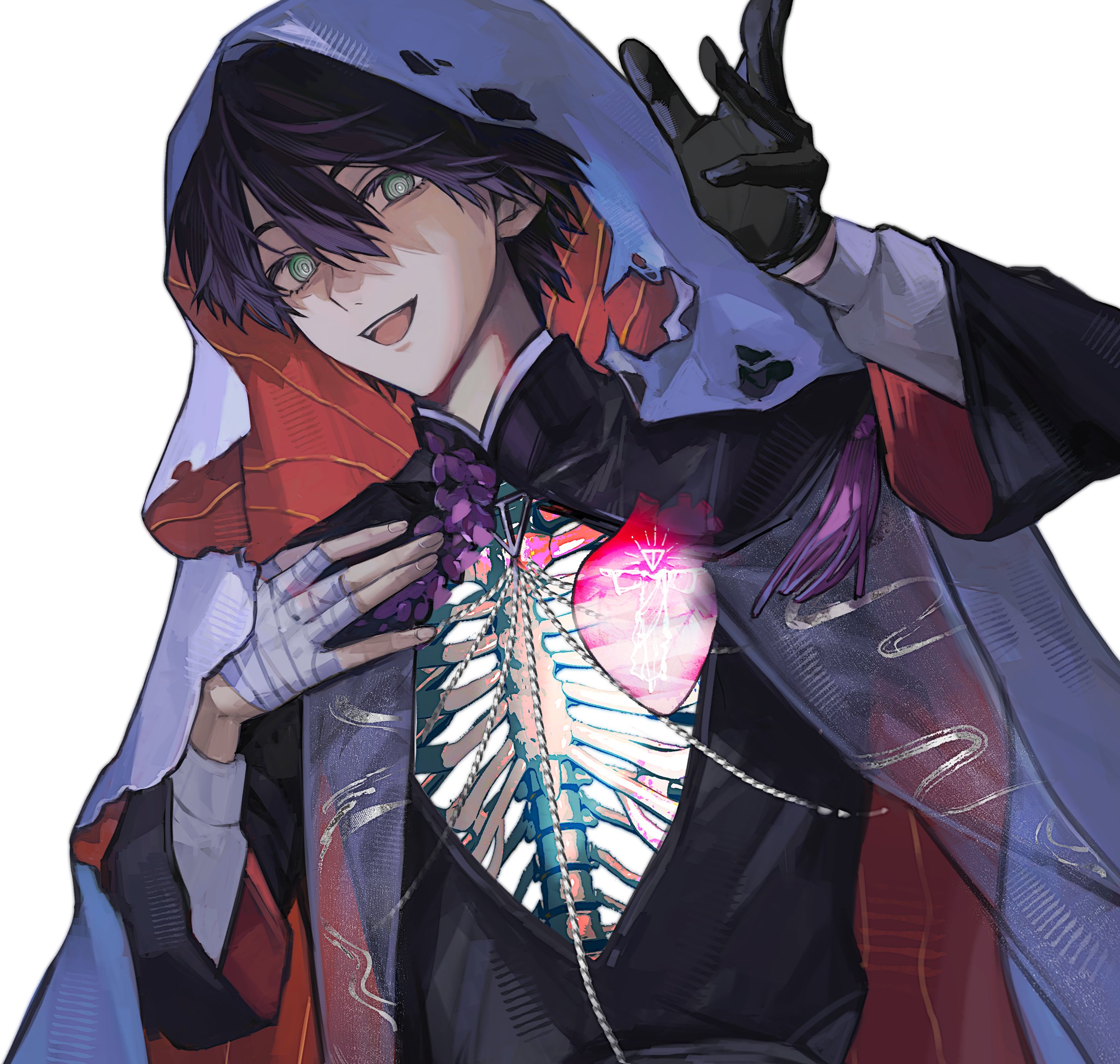 tsuta1218, kenmochi touya, nijisanji, absurdres, commentary, highres, symbol-only commentary, 1boy, bandaged hand, bandages, black gloves, gloves, green eyes, hair between eyes, hand on own chest, heart (organ), male focus, open mouth, purple hair, ribs, ringed eyes, see-through body, short hair, simple background, single glove, solo, two-sided veil, upper body, veil, white background, white veil
