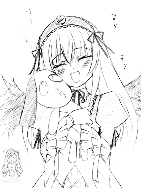 atsushima you, kunkun, suigintou, rozen maiden, traditional media, 00s, 2girls, chibi, chibi inset, closed eyes, greyscale, happy, hug, long hair, monochrome, multiple girls, o o, open mouth, sketch