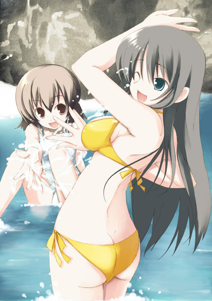 murata mine, 2girls, ass, back, bikini, black hair, blue eyes, brown eyes, brown hair, long hair, multiple girls, swimsuit, wink