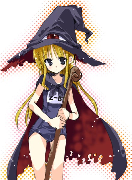 takasaki yuuki, azuma hatsumi, lilith (yamibou), yami to boushi to hon no tabibito, 1girl, cape, cosplay, female focus, garter straps, hat, lilith (cosplay), lilith (yamibou) (cosplay), name tag, one-piece swimsuit, pencil skirt, school swimsuit, skirt, solo, swimsuit, thighhighs, witch hat, zettai ryouiki