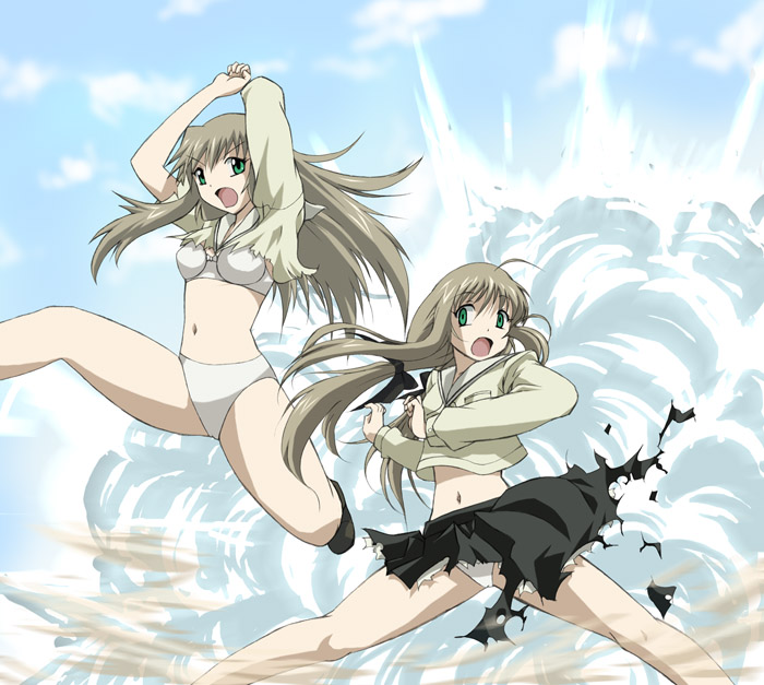 egvplus, midorigi mura, shirogane sara, shirogane souju, futakoi, 00s, 2girls, :o, ahoge, arms up, bra, brown hair, cloud, day, flat chest, green eyes, grey hair, jumping, legs, lingerie, long hair, midriff, multiple girls, navel, open mouth, outdoors, panties, school uniform, serafuku, siblings, sisters, skirt, sky, smoke, spread legs, surprised, torn clothes, twins, underwear, white bra, white panties