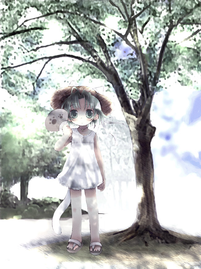 saxyun, dejiko, di gi charat, green eyes, green hair, hand fan, hat, nature, paper fan, solo, straw hat, uchiwa
