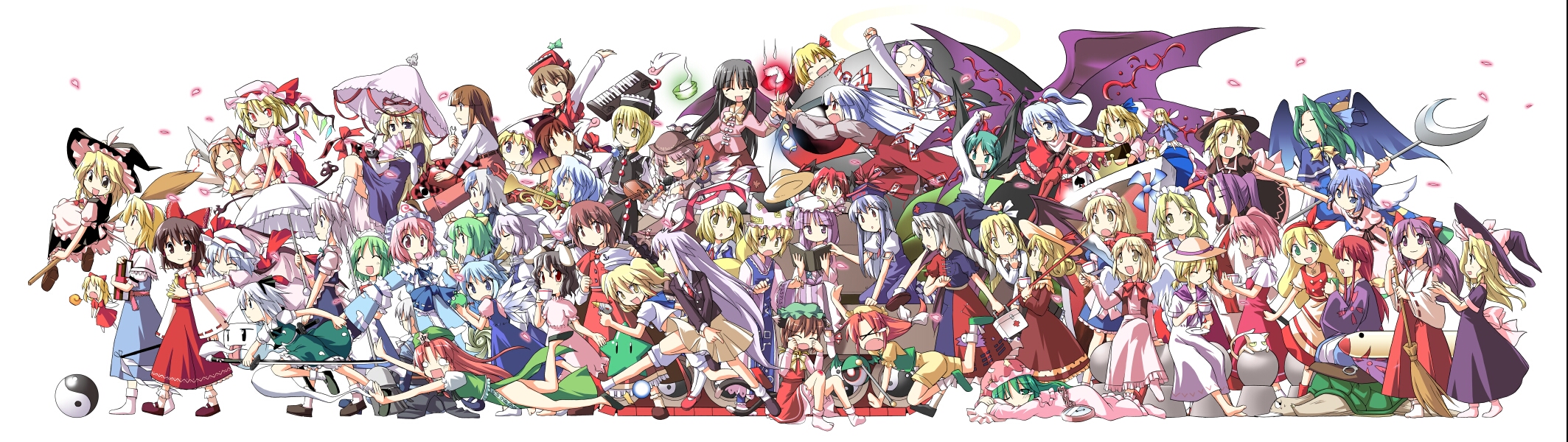 toto nemigi, alice margatroid, alice margatroid (pc-98), asakura rikako, bakebake, chen, cirno, daiyousei, ellen (touhou), elly, flandre scarlet, fujiwara no mokou, gengetsu (touhou), genjii (touhou), hakurei reimu, hakurei reimu (pc-98), hong meiling, hoshizako, hourai, hourai doll, houraisan kaguya, inaba tewi, izayoi sakuya, kamishirasawa keine, kana anaberal, kazami yuuka, kazami yuuka (pc-98), kirisame marisa, kirisame marisa (pc-98), kitashirakawa chiyuri, koakuma, konpaku youmu, konpaku youmu (ghost), kotohime (touhou), kurumi (touhou), letty whiterock, lily white, louise (touhou), lunasa prismriver, lyrica prismriver, mai (touhou), maribel hearn, meira (touhou), merlin prismriver, mima (touhou), mimi-chan, morichika rinnosuke, mugetsu (touhou), mystia lorelei, okazaki yumemi, orange (touhou), patchouli knowledge, reisen udongein inaba, remilia scarlet, rika (touhou), rumia, ruukoto, saigyouji yuyuko, sara, shanghai, shanghai doll, shinki (touhou), sokrates (touhou), tokiko (touhou), usami renko, wriggle nightbug, yagokoro eirin, yakumo ran, yakumo yukari, yuki (touhou), yumeko (touhou), touhou, silver hair, highres, long image, wide image, absolutely everyone, animal ears, antennae, barefoot, bat wings, black hair, blazer, blonde hair, blue eyes, blue hair, blush, book, bow, braid, brown hair, cat ears, cat tail, child, china dress, chinese clothes, detached sleeves, doll, dress, earrings, elbow gloves, everyone, fox ears, fox tail, gap, ghost, glasses, gloves, green eyes, green hair, hair ribbon, hairband, hat, head wings, hitodama, horns, instrument, jacket, japanese clothes, jewelry, katana, kimono, knife, long hair, maid, miko, missile, multicolored hair, multiple tails, necktie, parasol, pink hair, ponytail, purple eyes, purple hair, rabbit ears, red eyes, red hair, ribbon, short hair, side ponytail, skirt, sokrates, suspenders, sword, tail, thighhighs, time paradox, twin braids, umbrella, weapon, white hair, wings, witch hat, yellow eyes