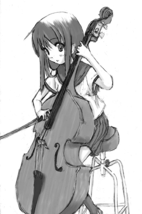 1girl, bow (music), cello, double bass, female focus, greyscale, holding, holding bow (music), instrument, monochrome, pleated skirt, school uniform, serafuku, skirt, solo