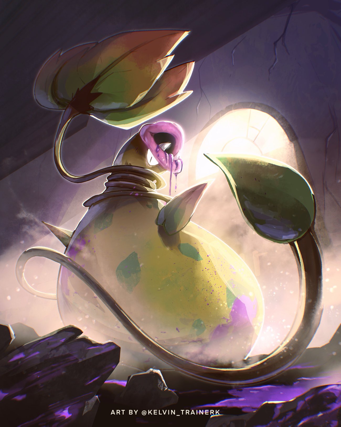 kelvin-trainerk, mega victreebel, victreebel, nintendo, pokemon, commentary, highres, black eyes, crack, cracked wall, from below, gen 1 pokemon, looking down, no humans, pokemon (creature), pokemon focus, slime (substance), solo, twitter username, watermark
