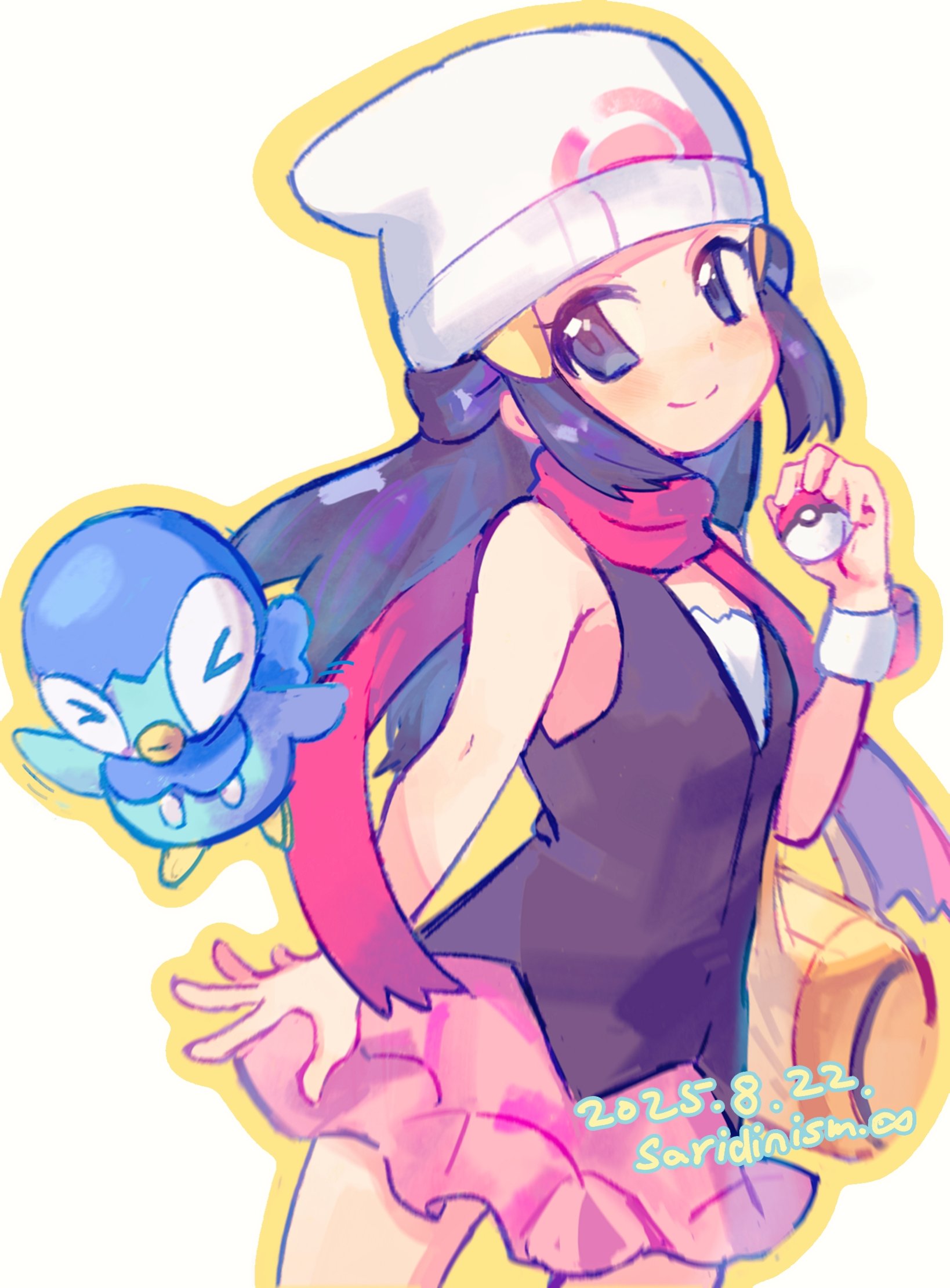 saridinism, dawn (pokemon), piplup, nintendo, pokemon, pokemon dppt, commentary request, highres, 1girl, beanie, black hair, closed mouth, dated, gen 4 pokemon, grey eyes, hair ornament, hairclip, hand up, hat, holding, holding poke ball, long hair, looking at viewer, outline, pink skirt, poke ball, poke ball (basic), pokemon (creature), scarf, shirt, sidelocks, signature, skirt, sleeveless, sleeveless shirt, smile, white hat