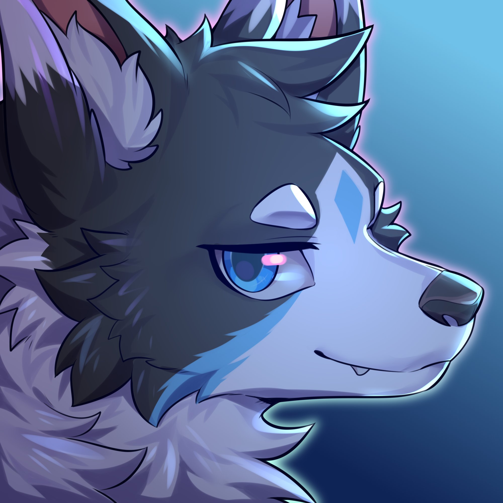 original, commission, highres, second-party source, animal focus, black background, black fur, blue background, blue eyes, borrowed character, closed mouth, dark, diamond facial mark, dog, facial mark, fang, fang out, forehead mark, gradient background, half-closed eyes, looking to the side, neck fur, no humans, outline, portrait, reddog0701, smile, solo, two-tone background, white outline