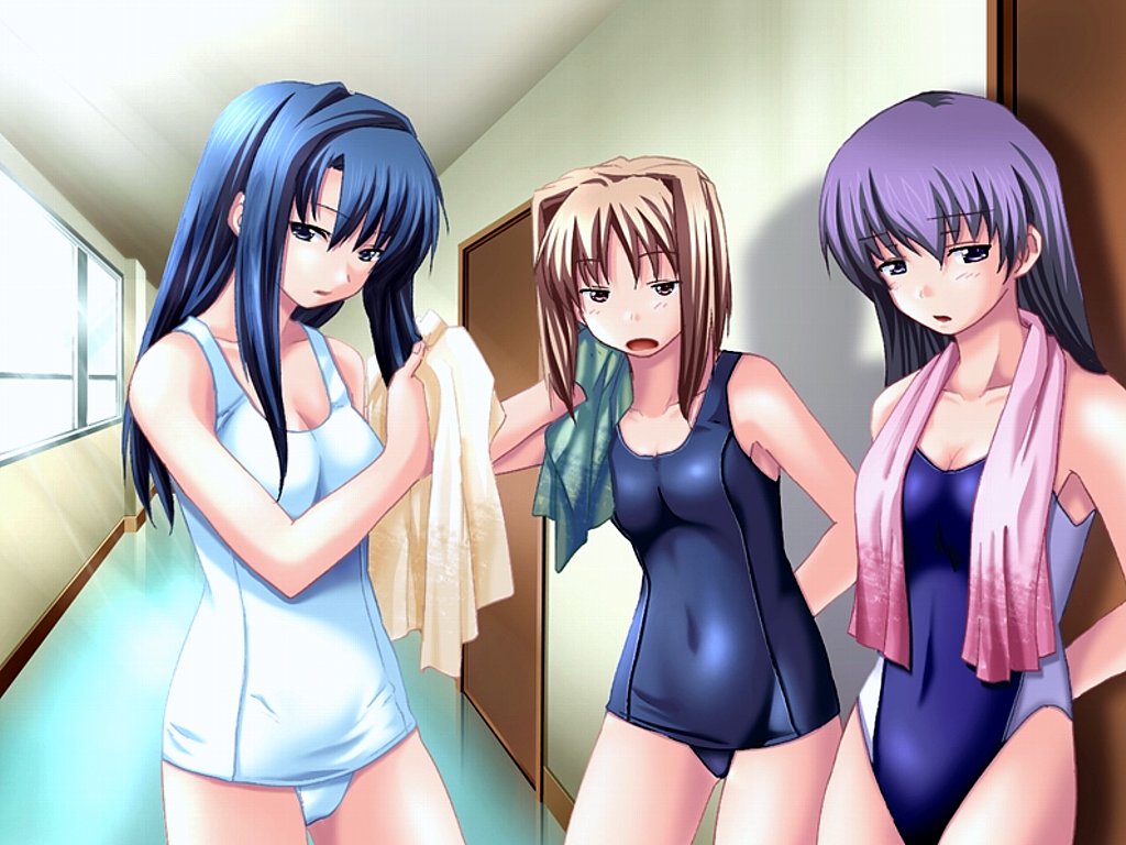 kohou masaki, kurihara neneko, sakurai jun, sugiyama ritsuka, negai no mahou., game cg, 3girls, multiple girls, one-piece swimsuit, purple hair, school swimsuit, swimsuit, towel, white one-piece swimsuit, white school swimsuit