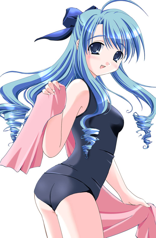 komaki ren, 1girl, blue eyes, blue hair, drill hair, female focus, half updo, long hair, matching hair/eyes, one-piece swimsuit, school swimsuit, solo, swimsuit, towel