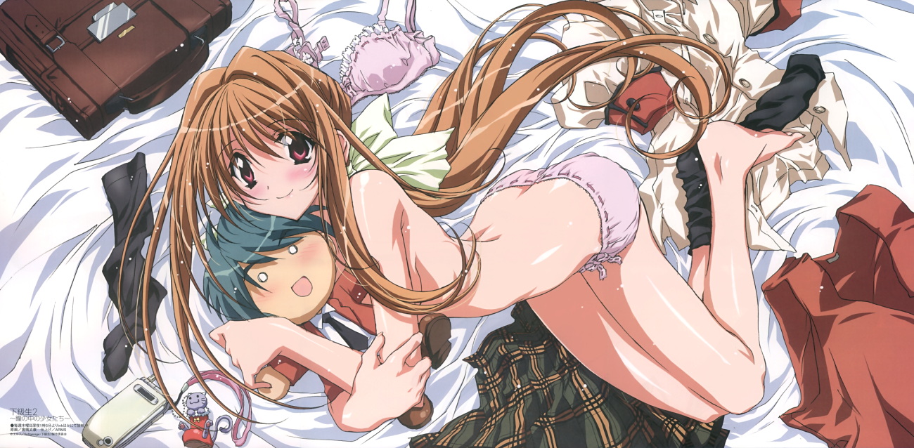 kurashima tomoyasu, oriya rouma, saimon tamaki, kakyuusei (series), kakyuusei 2, megami magazine, official art, scan, 2girls, backpack, bag, barefoot, bed, bed sheet, blush, bra, cellphone, character doll, doll, feet, lingerie, long hair, looking at viewer, multiple girls, no shoes, panties, phone, purple panties, randoseru, ribbon-trimmed panties, ribbon-trimmed underwear, ribbon trim, school uniform, serafuku, shirt, single sock, skirt, smile, sock dangle, socks, topless female, underwear, underwear only, undressing, unworn bra, unworn shirt, unworn skirt, unworn socks
