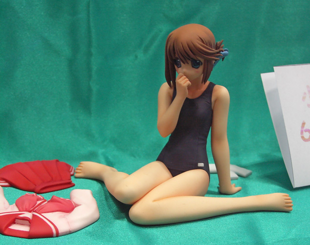 komaki manaka, to heart (series), to heart 2, wonder festival, wonder festival 2005, photo (medium), 00s, 1girl, barefoot, black one-piece swimsuit, female focus, figure, folded ponytail, one-piece swimsuit, school swimsuit, shirt, solo, swimsuit, unworn shirt