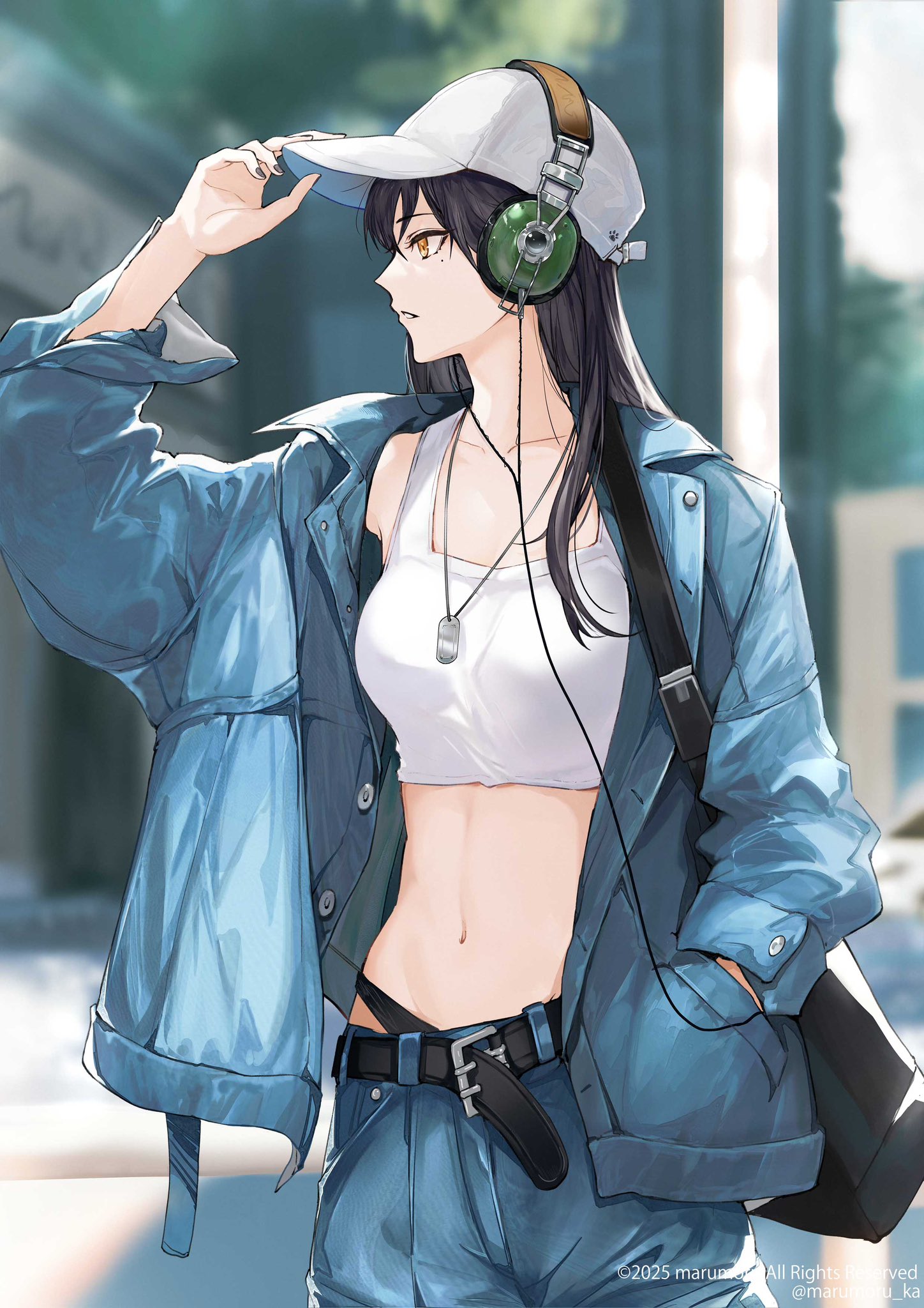 marumoru, original, highres, 1girl, bag, baseball cap, belt, black hair, blue jacket, collarbone, cropped shirt, hand in pocket, hat, headphones, jacket, jewelry, long hair, looking to the side, midriff, necklace, pants, shoulder bag, solo, tank top, white tank top, yellow background