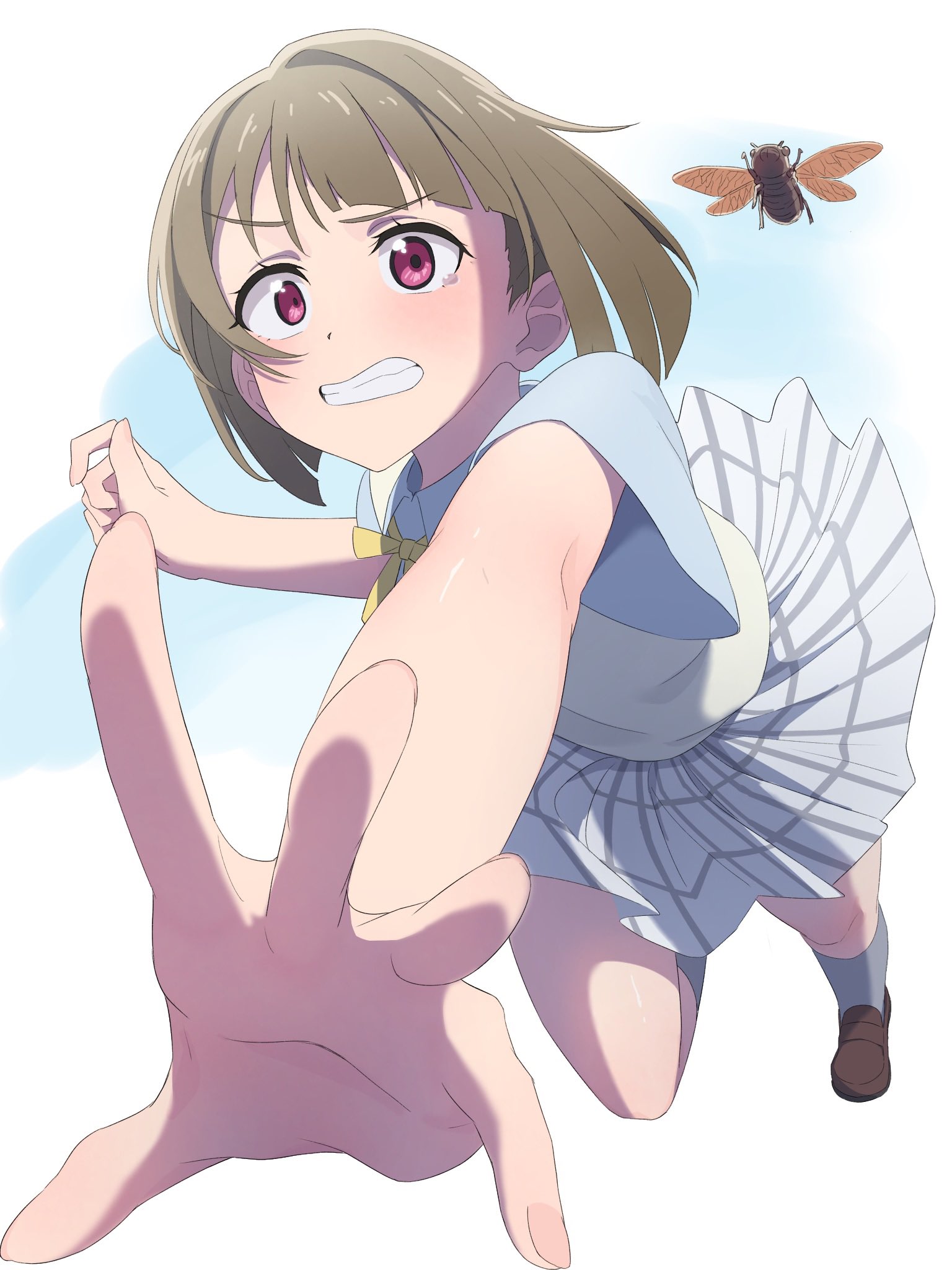 mochi (znkn4524), nakasu kasumi, love live!, love live! nijigasaki high school idol club, commentary request, highres, 1girl, blue shirt, blush, brown hair, bug, cicada, clenched teeth, foreshortening, full body, grey socks, insect, loafers, looking at viewer, neck ribbon, nijigasaki school uniform, outstretched arm, outstretched hand, plaid clothes, plaid skirt, pleated skirt, pouncing, red eyes, ribbon, school uniform, shirt, shoes, short hair, skirt, socks, solo, sweater vest, teardrop, teeth, white skirt, yellow sweater vest