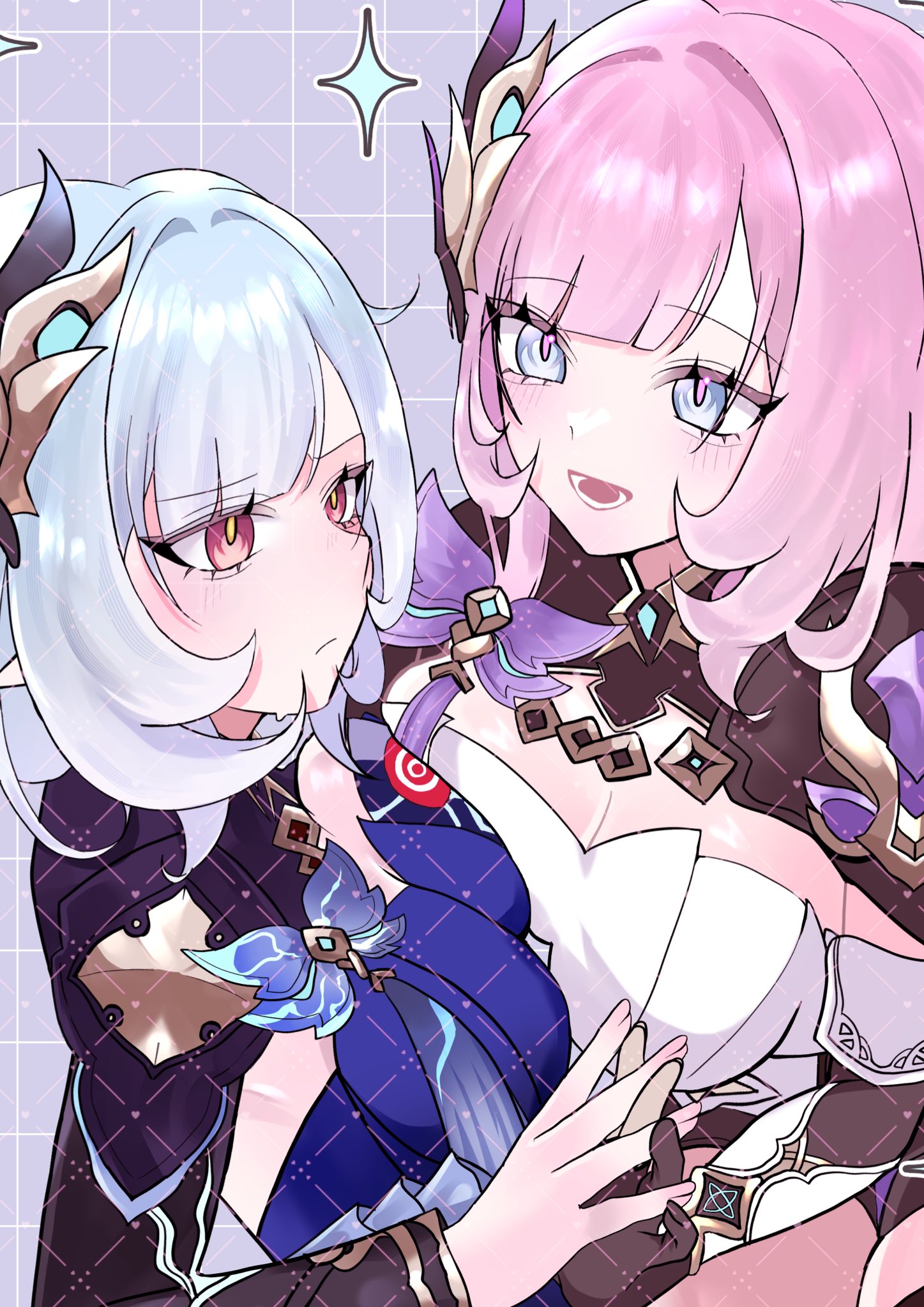fuka ( ilouxs2), elysia (honkai impact), elysia (miss pink elf) (honkai impact), herrscher of corruption, honkai (series), honkai impact 3rd, highres, 2girls, black gloves, blue corset, blue eyes, blue hair, breasts, cleavage, corset, gloves, grid background, hair ornament, interlocked fingers, large breasts, multiple girls, open mouth, pink hair, purple eyes, shrug (clothing), white corset