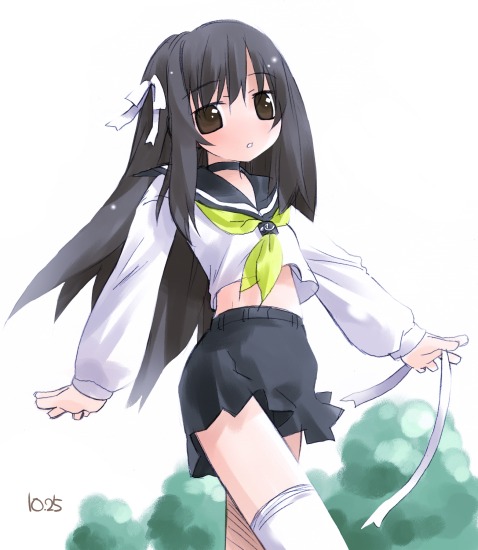 noto (soranoto), 1girl, bad anatomy, choker, female focus, midriff, pleated skirt, school uniform, serafuku, skirt, solo, thighhighs, zettai ryouiki