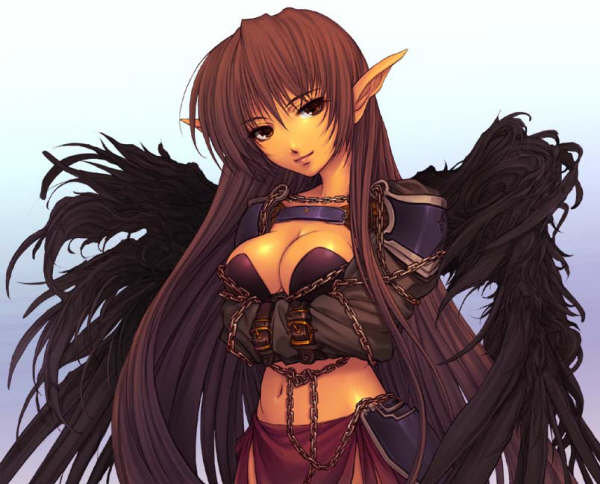 1girl, breasts, brown hair, chain, demon, female focus, medium breasts, midriff, pointy ears, red eyes, shoulder pads, solo, wings
