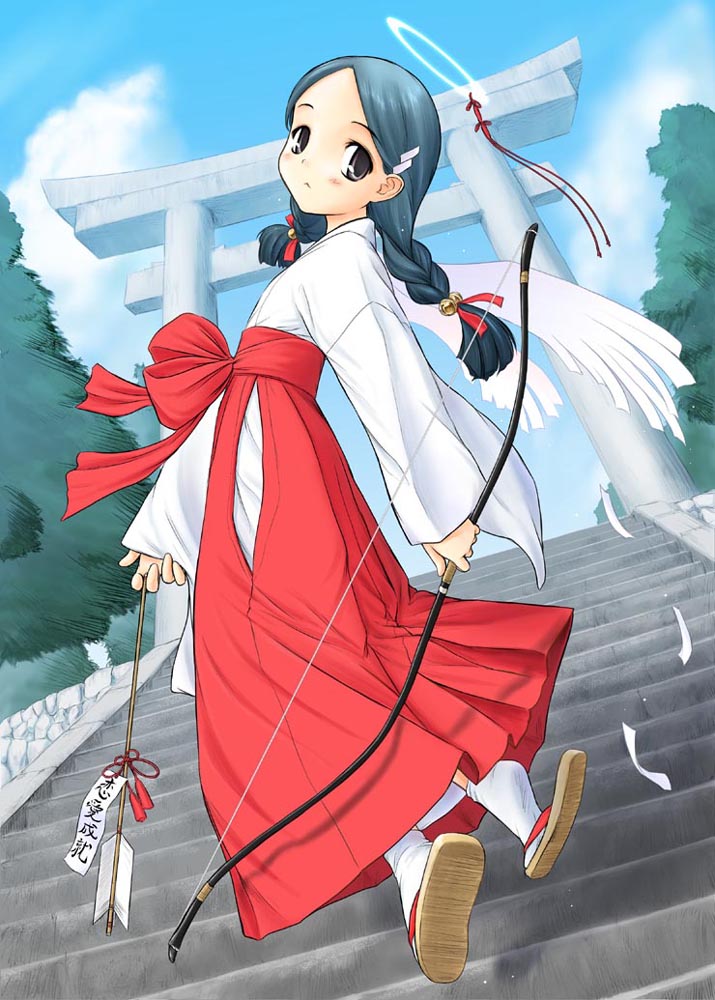 original, 1girl, :<, archery, arrow (projectile), bell, black hair, bow (weapon), braid, dutch angle, female focus, hair bell, hair ornament, hakama, hakama skirt, halo, hamaya, japanese clothes, kyuudou, looking back, miko, red hakama, sandals, skirt, solo, stairs, tabi, torii, traditional halo, twin braids, weapon, wings, zouri