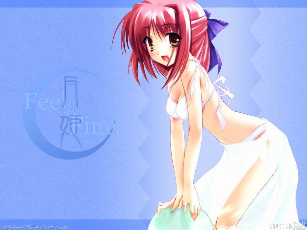 kohaku (tsukihime), tsukihime, 00s, 1girl, bikini, blue background, female focus, half updo, milestone celebration, sarong, solo, swimsuit, watermark, web address, white bikini