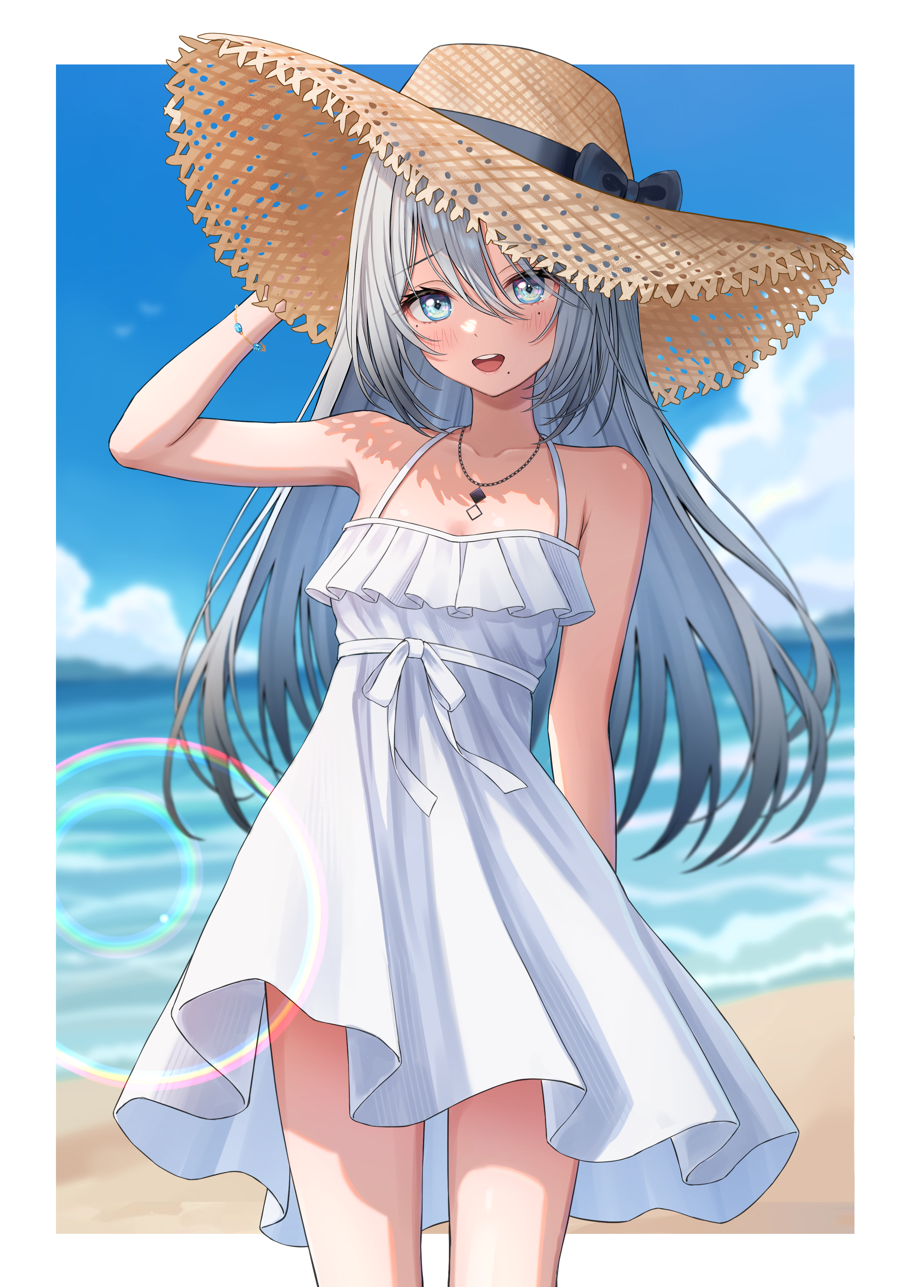 hal (haldayo913), sophia valentine, nijisanji, absurdres, commentary request, highres, 1girl, :d, beach, blue eyes, border, dress, grey hair, jewelry, long hair, looking at viewer, necklace, ocean, open mouth, outdoors, outside border, sleeveless, sleeveless dress, smile, solo, standing, thighs, very long hair, virtual youtuber, white border, white dress