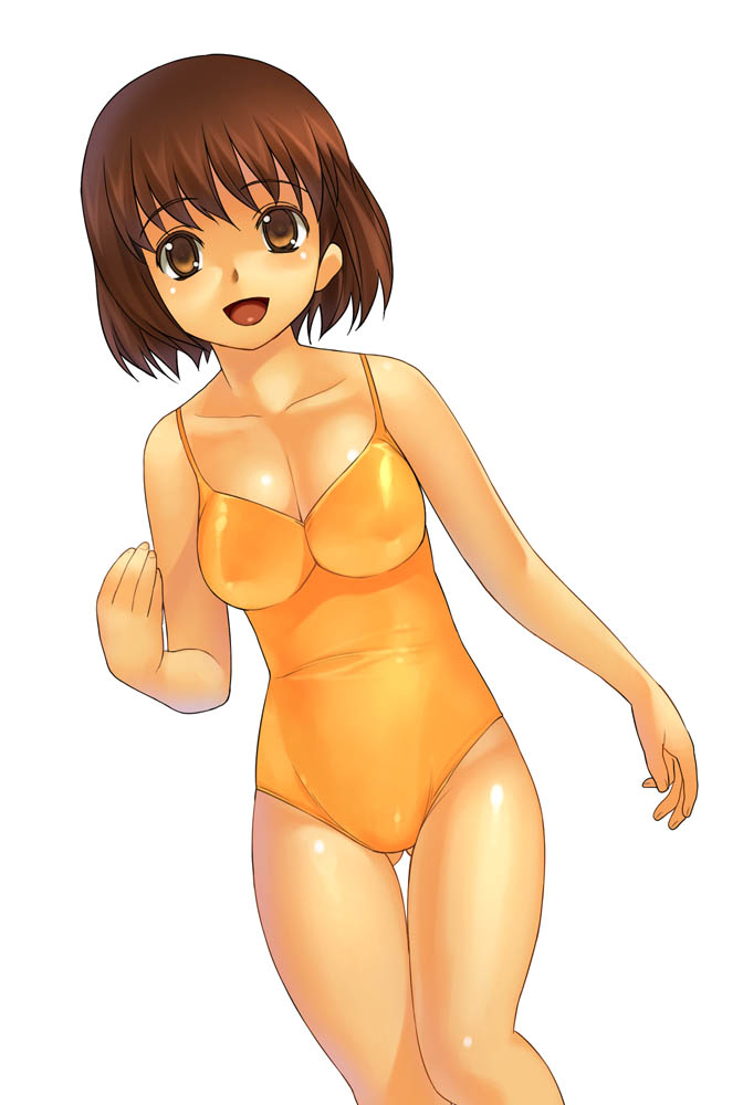 a1 (initial-g), tagme, brown eyes, brown hair, one-piece swimsuit, short hair, simple background, swimsuit, white background