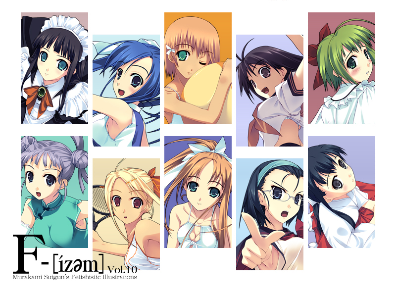 murakami suigun, f-ism, original, 6+girls, ball, beachball, bikini, black hair, blonde hair, blue eyes, blue hair, blush, breasts, brown hair, cheerleader, china dress, chinese clothes, cleavage, column lineup, double bun, dress, fizem10, glasses, green eyes, green hair, hair bun, hair ribbon, hairband, japanese clothes, long hair, maid, miko, multiple girls, one eye closed, open mouth, pointing, ponytail, portrait, purple hair, red eyes, ribbon, school uniform, serafuku, swimsuit, tennis, waitress, wink