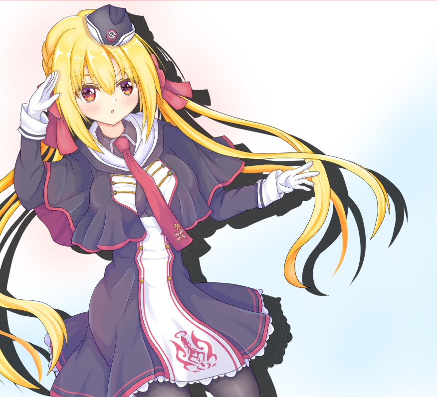 arihara nanami, riddle joker, commentary request, 1girl, :o, black capelet, black dress, black hat, black pantyhose, blonde hair, blue background, blush, buttons, capelet, cowboy shot, double-breasted, dress, drop shadow, eyes visible through hair, floating hair, frilled dress, frills, garrison cap, gloves, gradient background, hair between eyes, hair ribbon, hand up, hat, long hair, long sleeves, looking at viewer, low twintails, necktie, open mouth, pantyhose, red eyes, red necktie, red ribbon, ribbon, sabarusu0130, short dress, sidelocks, simple background, solo, twintails, very long hair, white background, white gloves