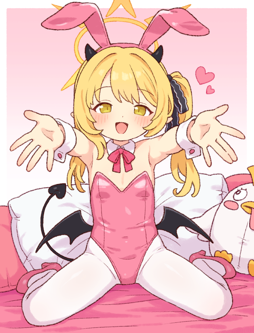 onyhakase, ibuki (blue archive), peroro (blue archive), blue archive, commentary request, partial commentary, 1girl, animal ear hairband, animal ears, black horns, black ribbon, black tail, black wings, blonde hair, blush, covered navel, demon horns, demon tail, demon wings, detached collar, fake animal ears, flat chest, full body, gradient background, hair ribbon, hairband, halo, heart, highleg, highleg leotard, horns, leotard, long hair, looking at viewer, neck ribbon, open mouth, pantyhose, pink background, pink leotard, pink ribbon, pink shoes, playboy bunny, pointy ears, rabbit ear hairband, rabbit ears, reaching, reaching towards viewer, ribbon, shoes, side ponytail, sitting, solo, strapless, strapless leotard, stuffed animal, stuffed toy, tail, wariza, white pantyhose, wings, wrist cuffs, yellow eyes, yellow halo