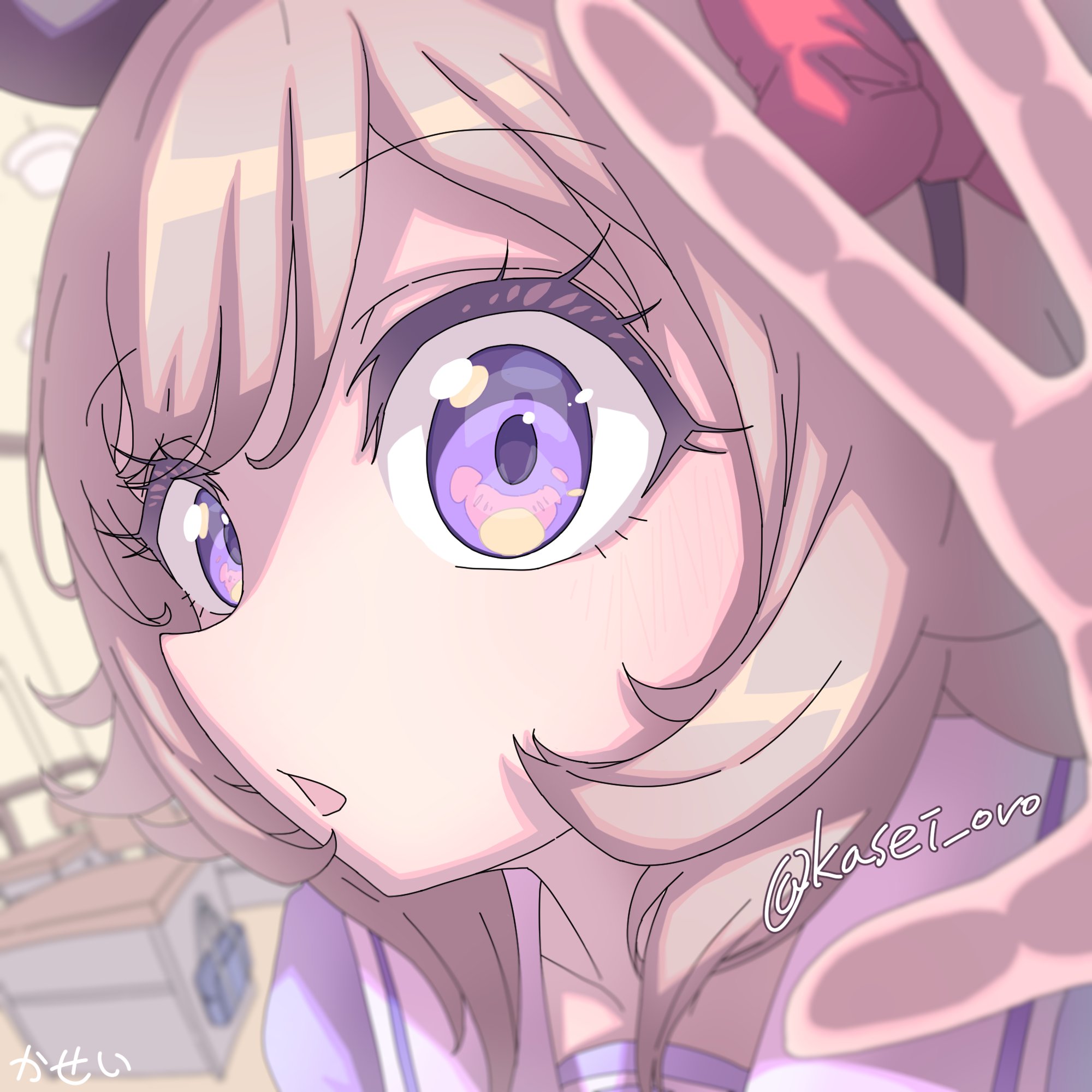 kasei ovo, curren chan (umamusume), umamusume, commentary request, highres, 1girl, bag, blonde hair, blush, chestnut mouth, classroom, close-up, collarbone, desk, eye focus, fisheye, from side, hair ribbon, hand up, horse girl, indoors, looking at viewer, open mouth, palms, portrait, purple eyes, purple serafuku, ribbon, school bag, school desk, school uniform, serafuku, signature, solo, thick eyelashes, tracen school uniform, twitter username
