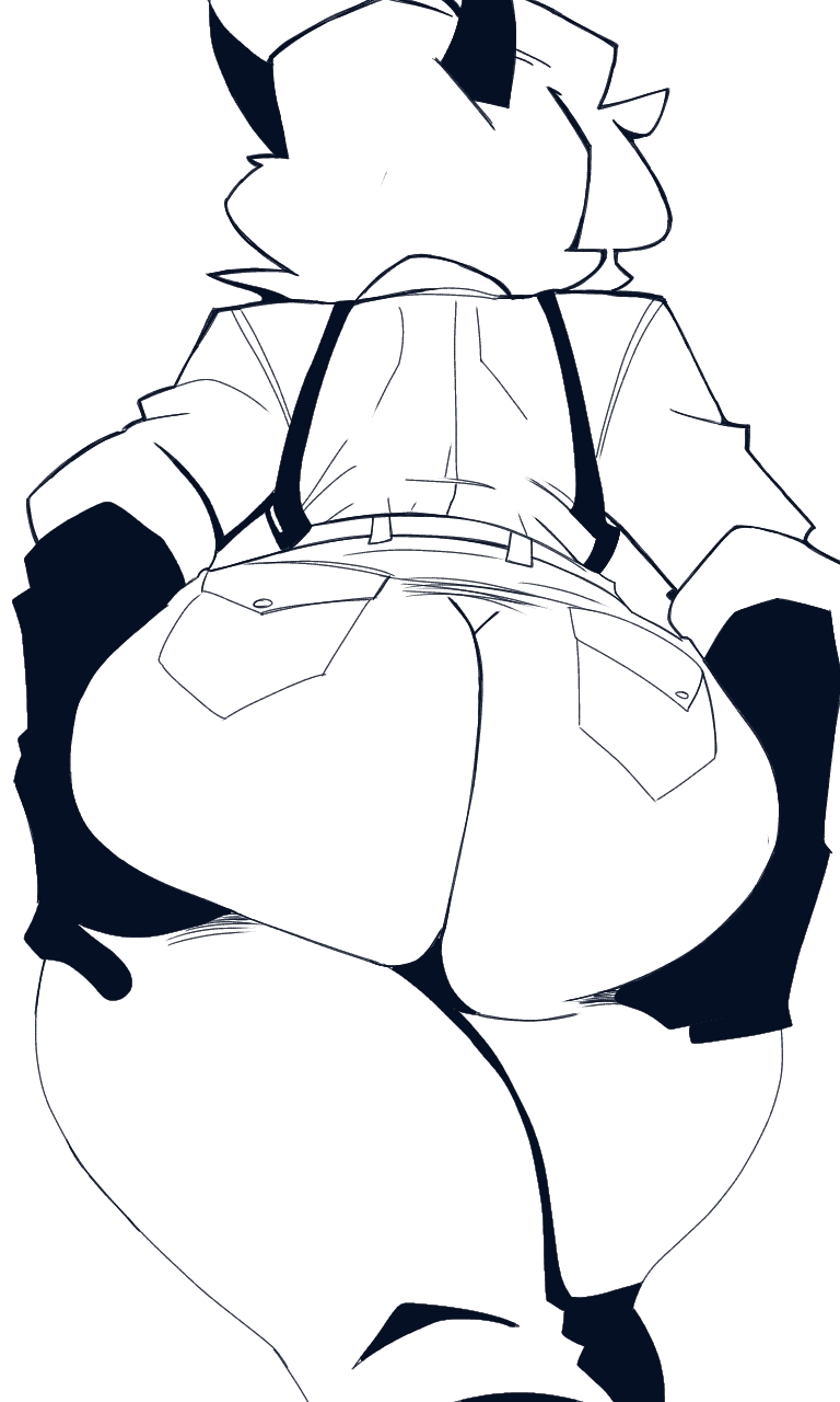 original, highres, 1girl, ass, ass focus, ass lift, demon horns, dmez, from behind, from below, gloves, greyscale, horns, medium hair, monochrome, pants, simple background, solo, suspenders, white background
