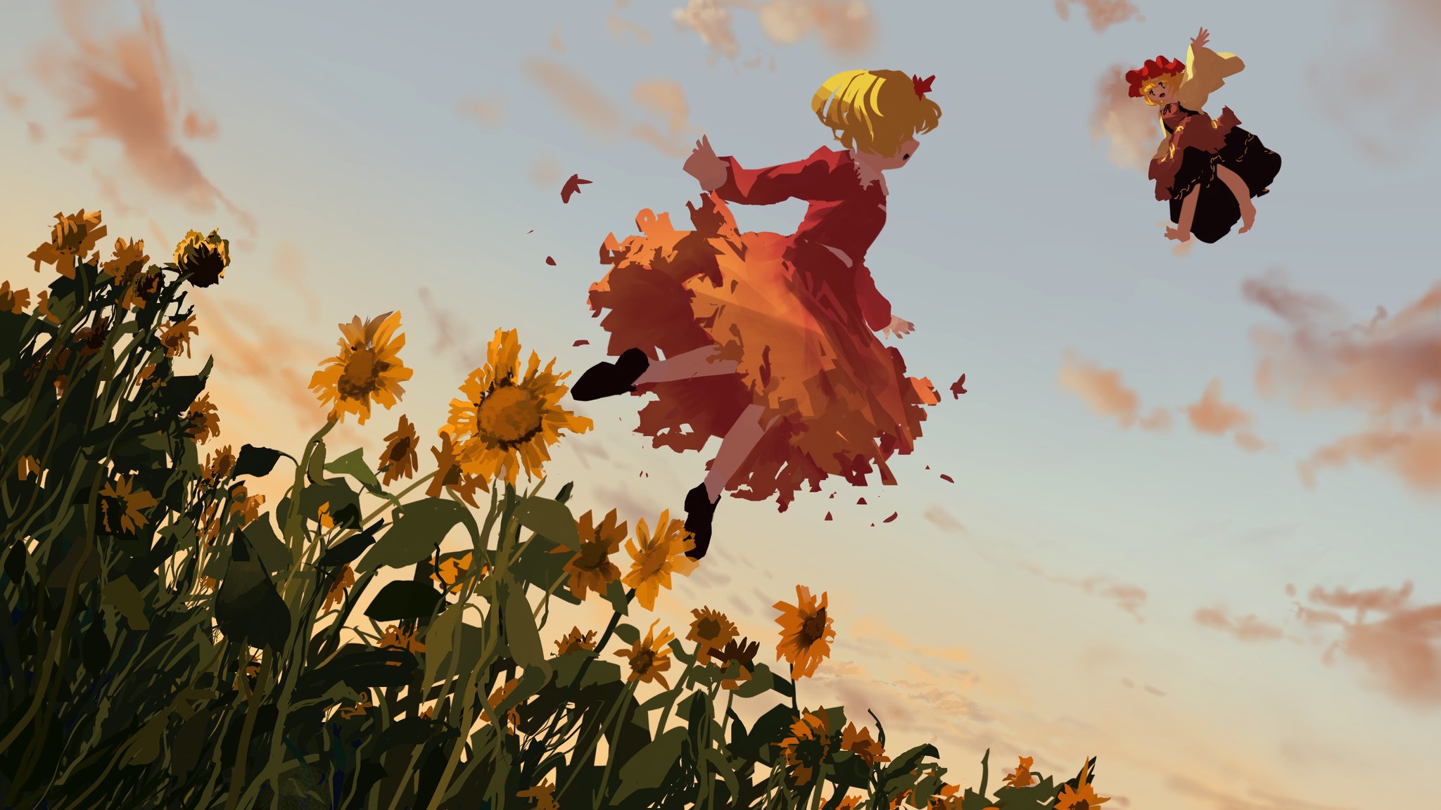 ushitsuchi, aki minoriko, aki shizuha, touhou, commentary request, highres, 2girls, apron, barefoot, black dress, black shoes, blonde hair, blue sky, cloud, collar, dress, field, flower, flower field, flying, from below, hair ornament, hat, leaf hair ornament, long sleeves, looking down, looking up, mob cap, multiple girls, open mouth, red apron, red hat, red shirt, red skirt, shirt, shoes, short hair, skirt, sky, sunflower, sunset, waving, white collar, yellow sleeves