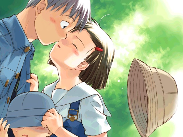 koike sadaji, folk song, game cg, 1boy, 1girl, bob cut, brown hair, bucket hat, closed eyes, hair ornament, hairclip, hat, hetero, imminent kiss, kiss, overalls, short hair, unworn hat, unworn headwear