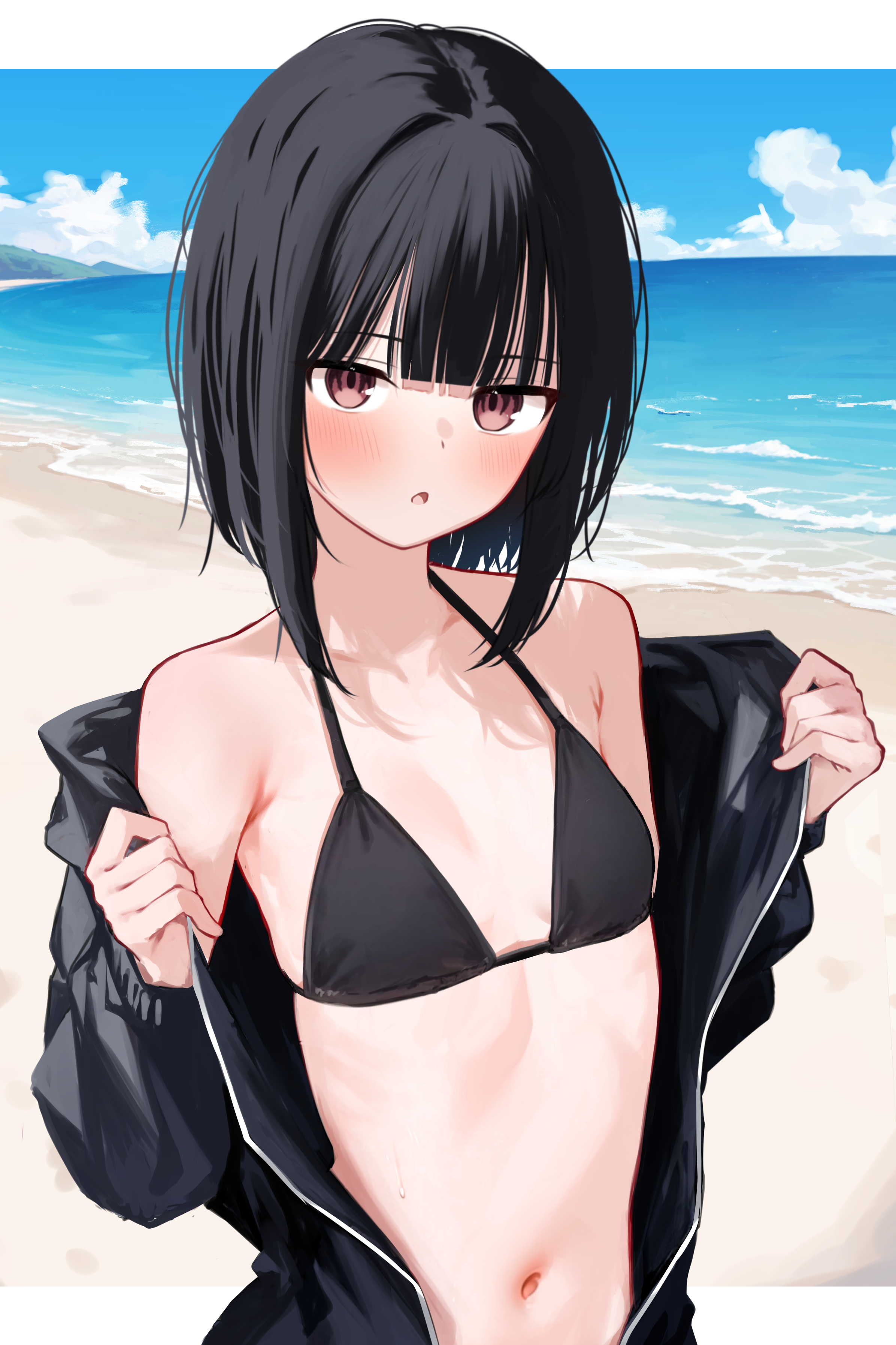 memekko, bob cut girl (memekko), original, absurdres, highres, 1girl, beach, bikini, black bikini, black hair, black jacket, blue sky, bob cut, breasts, brown eyes, cloud, day, jacket, navel, ocean, open clothes, open jacket, outdoors, short hair, sky, small breasts, solo, stomach, swimsuit, upper body