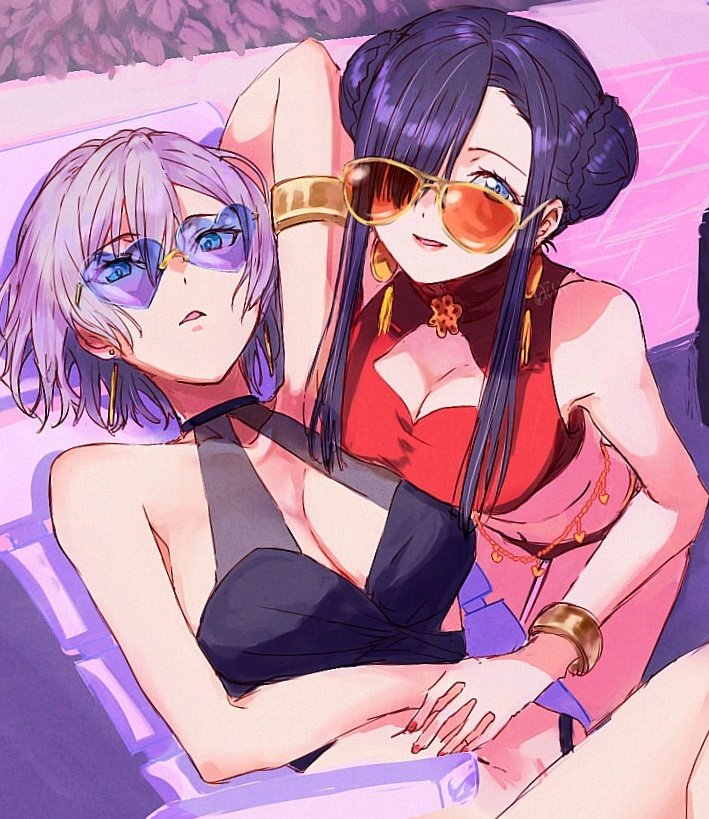 risyo, mujina, princess (dynazenon), gridman universe, gridman universe (movie), ssss.dynazenon, 2girls, blue eyes, breasts, cleavage, cleavage cutout, clothing cutout, hair between eyes, hair bun, hair over one eye, heart, heart-shaped eyewear, jewelry, large breasts, long hair, looking at viewer, multiple girls, official alternate costume, open mouth, short hair, smile, sunglasses, swimsuit, thighs