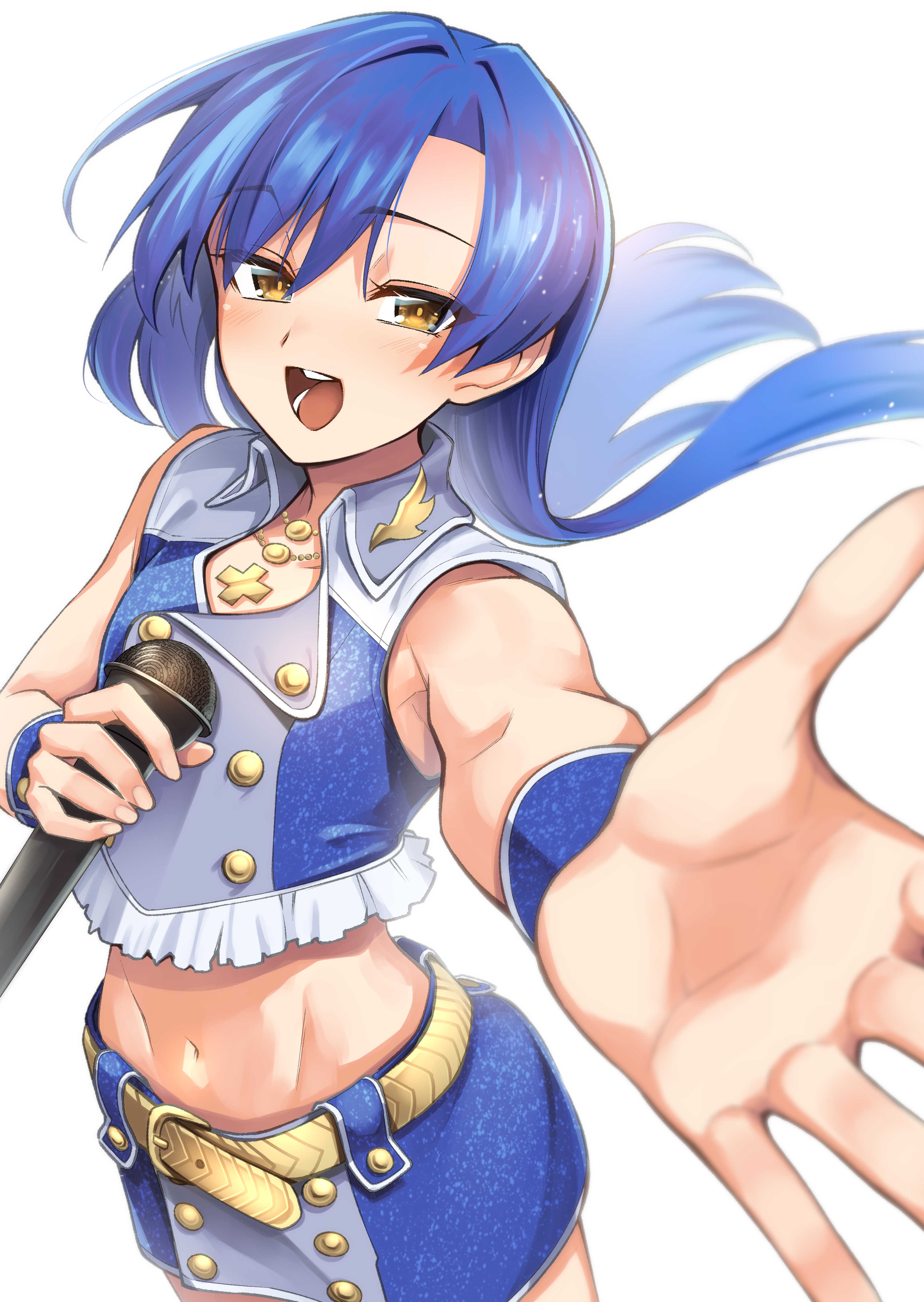 keigen hichou, kisaragi chihaya, idolmaster, idolmaster (classic), absurdres, highres, 1girl, blue hair, blue jacket, blue skirt, blue wrist cuffs, collared jacket, cropped jacket, floating hair, foreshortening, gold belt, holding, holding microphone, idol, jacket, jewelry, light blush, long hair, luxury (idolmaster), microphone, midriff, navel, necklace, official alternate costume, open mouth, outstretched arm, outstretched hand, simple background, skirt, sleeveless, sleeveless jacket, smile, solo, standing, white background, wrist cuffs, yellow eyes