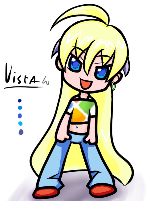 vista-tan, os-tan, 1girl, blonde hair, denim, female focus, full body, head tilt, jeans, long hair, pants, poorly drawn, prototype design, shoes, solo, standing, very long hair