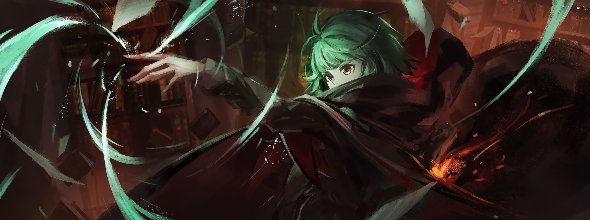 ro ka ro ka, re:zero kara hajimeru isekai seikatsu, highres, 1boy, black cloak, book, casting spell, cloak, energy, ezzo cadner, green hair, library, magic, orange eyes, outstretched arm, short hair