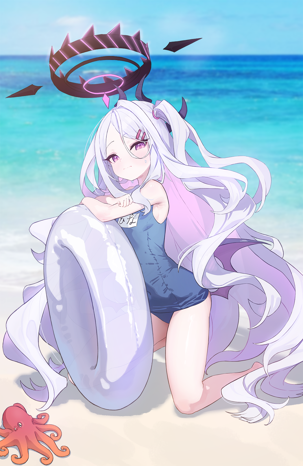 hina (blue archive), hina (swimsuit) (blue archive), blue archive, highres, 1girl, 824, ahoge, black halo, breasts, day, demon girl, demon horns, demon wings, halo, horns, long hair, looking at viewer, ocean, octopus, old school swimsuit, outdoors, purple eyes, school swimsuit, sitting, small breasts, solo, swimsuit, very long hair, white hair, wings