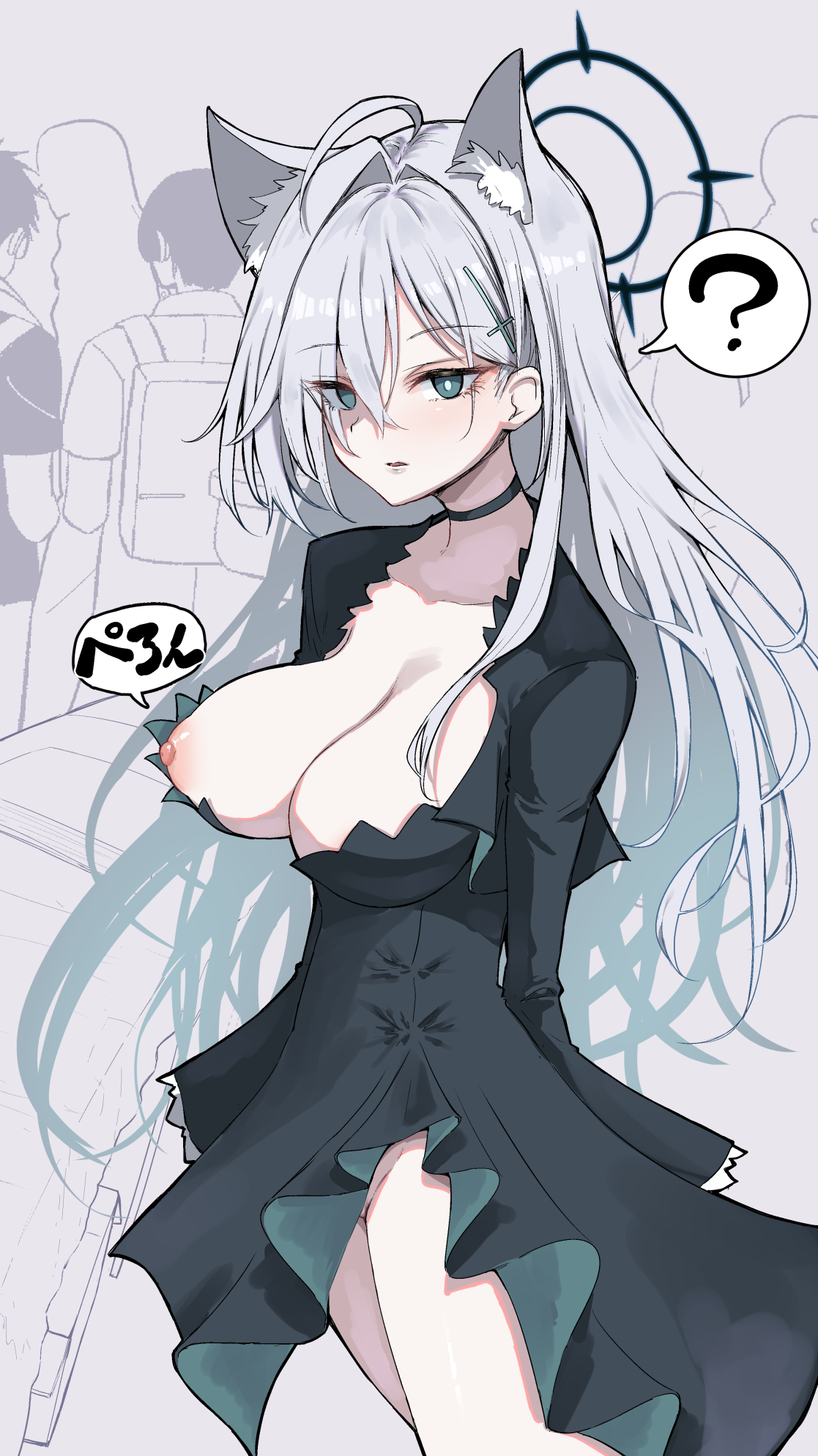 chipa (arutana), shiroko (blue archive), shiroko terror (blue archive), blue archive, original, highres, translation request, 1girl, ?, animal ear fluff, animal ears, black choker, black dress, black halo, blue eyes, breasts, broken halo, choker, clothing aside, cosplay, cross, cross hair ornament, dark halo, dress, dress aside, extra ears, grey hair, hair between eyes, hair ornament, halo, inverted cross, large breasts, long hair, mismatched pupils, nipple slip, nipples, shiroko terror (blue archive) (cosplay), solo focus, speech bubble, spoken question mark, standing, thighs, wolf ears, wolf girl