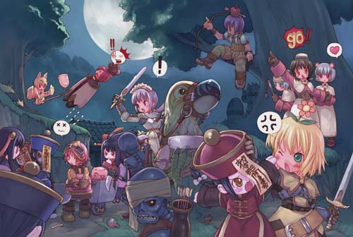 acolyte (ragnarok online), hunter (ragnarok online), knight (ragnarok online), merchant (ragnarok online), poring, swordsman (ragnarok online), ragnarok online, habit, lowres, !, 1boy, 6+girls, anger vein, apple, armor, axe, belt, boots, bow, capelet, cart, everyone, food, fruit, full moon, gloves, heart, hitting, in tree, jiangshi, moon, multiple girls, night, object on head, outdoors, pointing, riding, sky, spoken heart, sword, tree, weapon