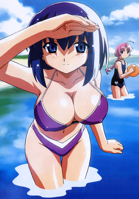 watanabe akio, kokubunji koyori, nakahara komugi, nurse witch komugi-chan, scan, 00s, 2girls, ball, beach, bikini, blue eyes, blue hair, braid, breasts, cleavage, cloud, covered erect nipples, curvy, day, flat chest, hip focus, huge breasts, large breasts, long hair, multiple girls, navel, nipples, one-piece swimsuit, panties, pink hair, ribbon, shading eyes, short hair, sky, smile, swimsuit, underwear, water, wet