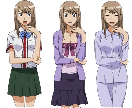 ginga kuon, gokujou seitokai, 00s, 3girls, blonde hair, bow, brown eyes, brown hair, closed eyes, costume chart, green skirt, jewelry, long hair, multiple girls, multiple persona, necklace, pleated skirt, purple skirt, school uniform, simple background, skirt, smile, variations, white background