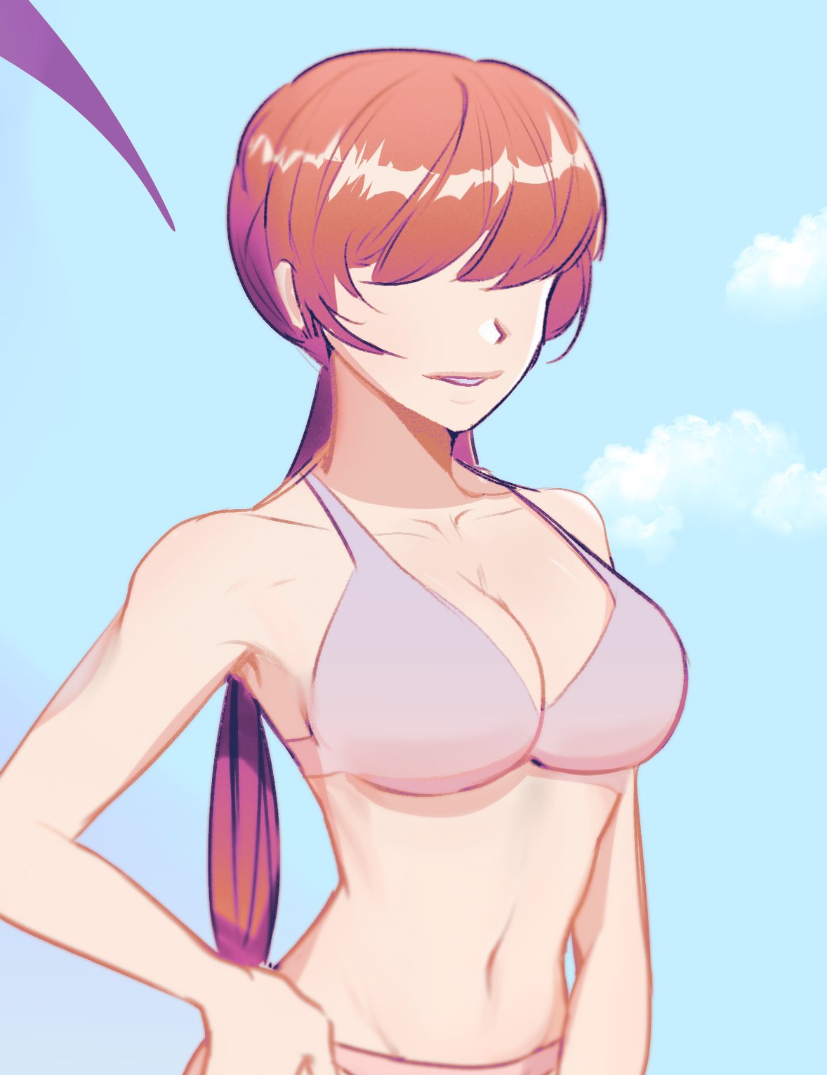 dan koflove, shermie (kof), the king of fighters, 1girl, bikini, breasts, curvy, female focus, hand on own hip, huge breasts, large breasts, long hair, outdoors, pale skin, panties, ponytail, red hair, swimsuit, underwear, wide hips